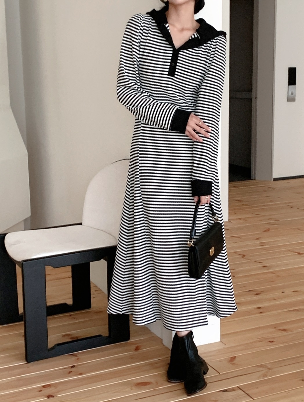 ニットフードスリムロングボーダー配色ワンピース | 詳細画像5