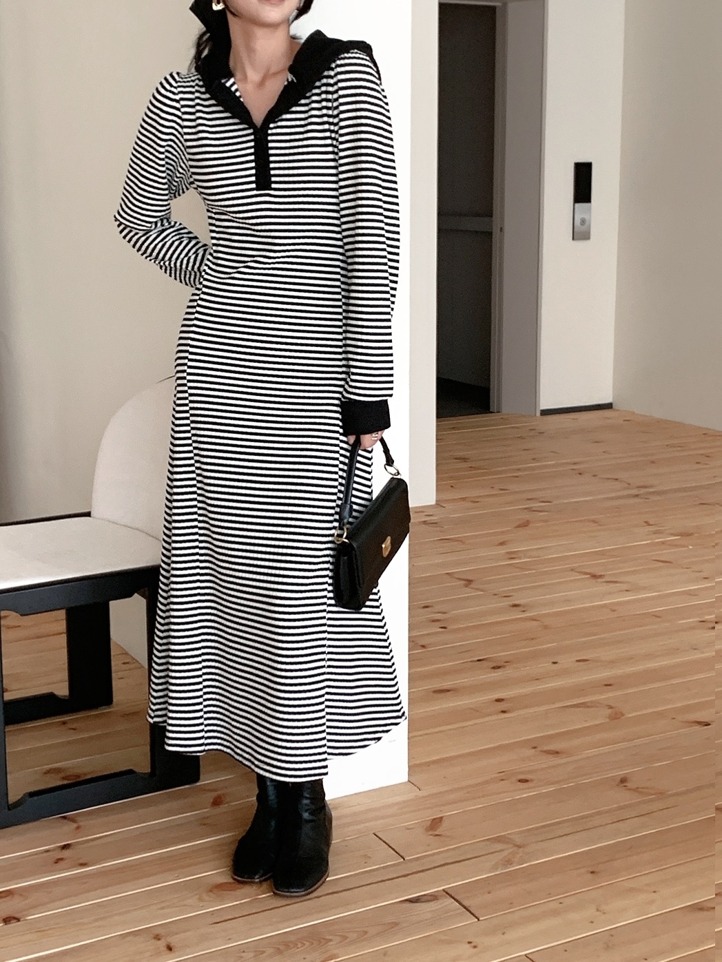 ニットフードスリムロングボーダー配色ワンピース | 詳細画像4