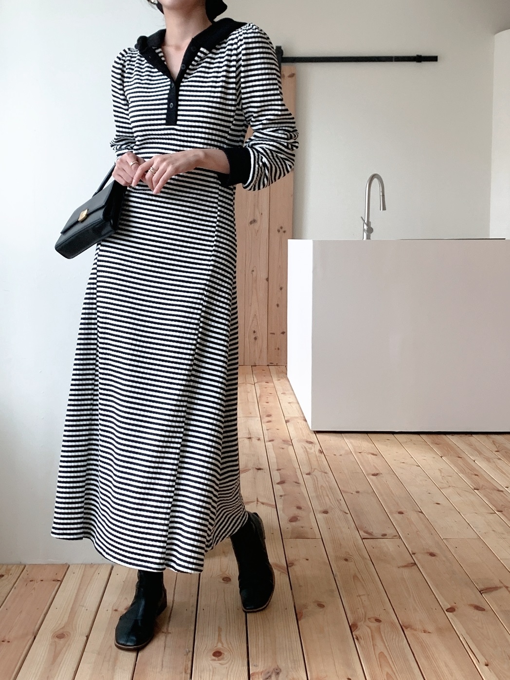 ニットフードスリムロングボーダー配色ワンピース | 詳細画像14