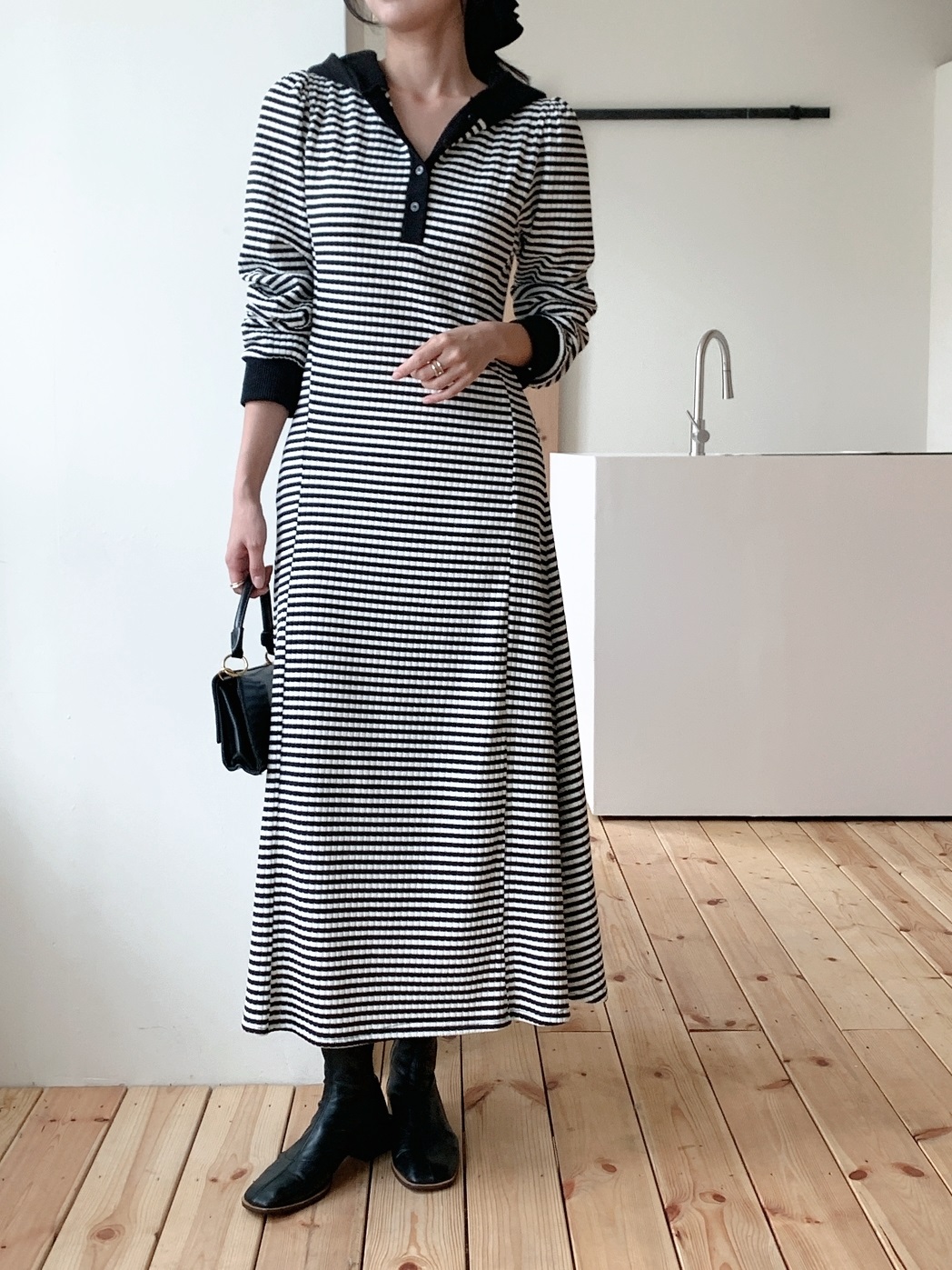ニットフードスリムロングボーダー配色ワンピース | 詳細画像3