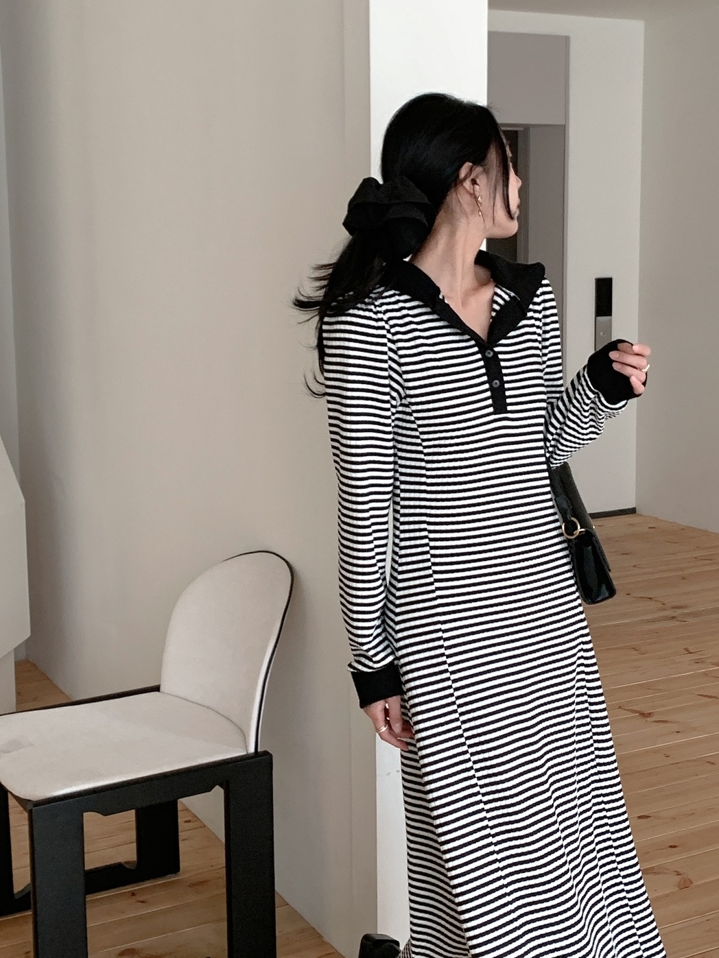 ニットフードスリムロングボーダー配色ワンピース | 詳細画像9