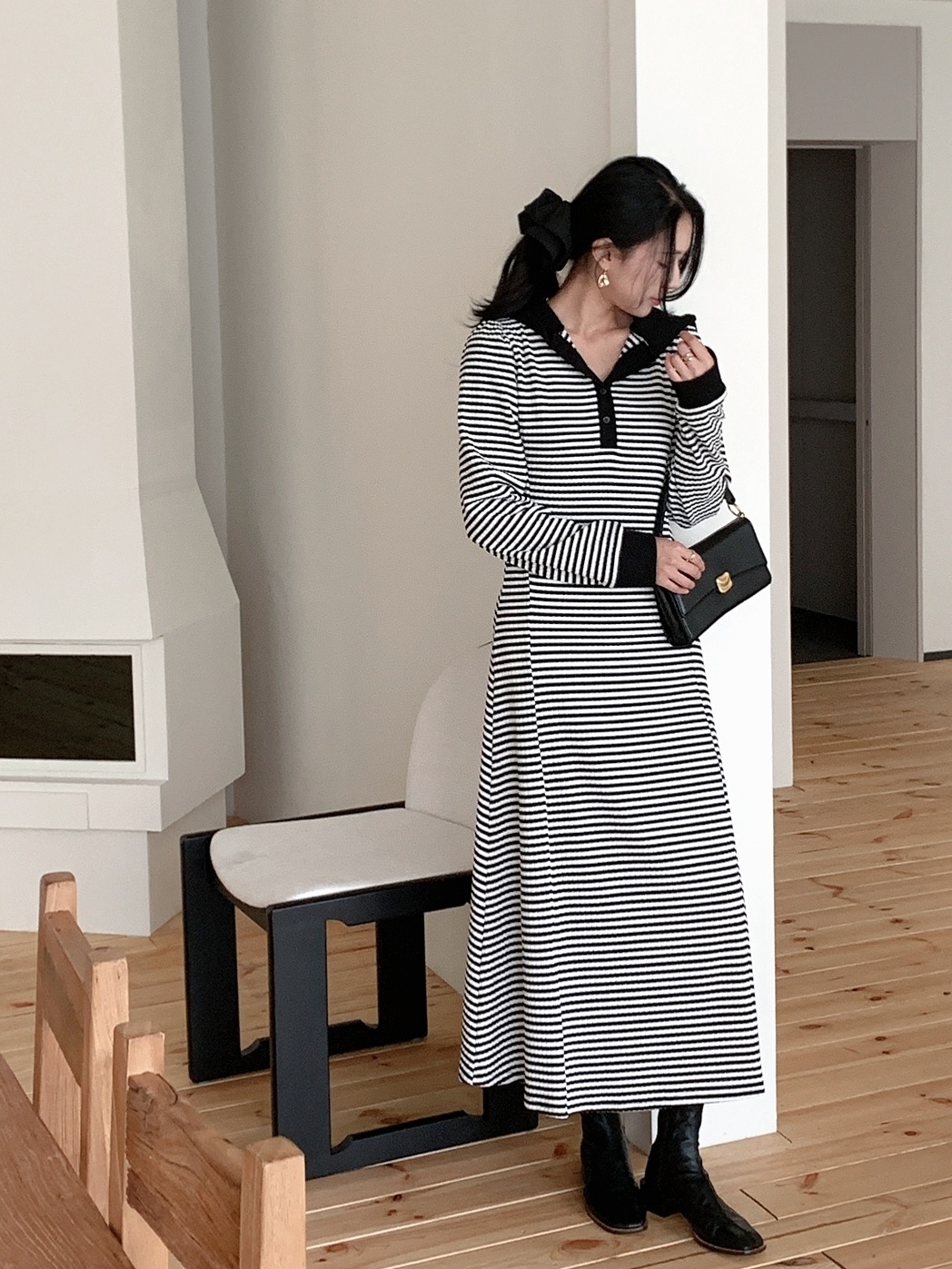 ニットフードスリムロングボーダー配色ワンピース | 詳細画像8