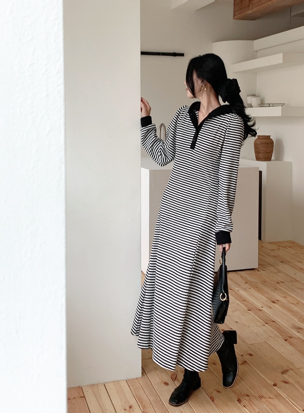 ニットフードスリムロングボーダー配色ワンピース | 詳細画像6