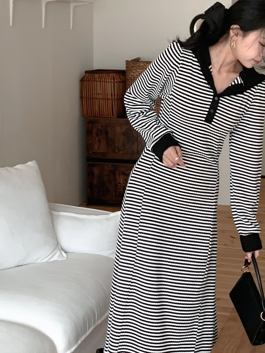 ニットフードスリムロングボーダー配色ワンピース | 詳細画像7