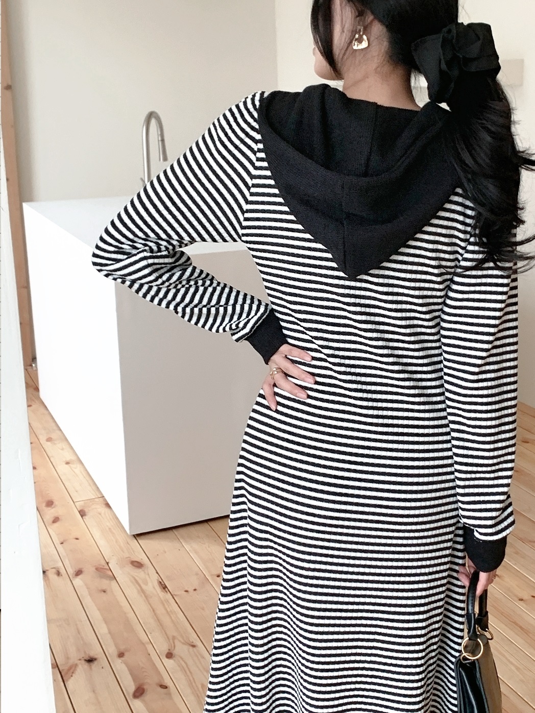 ニットフードスリムロングボーダー配色ワンピース | 詳細画像17