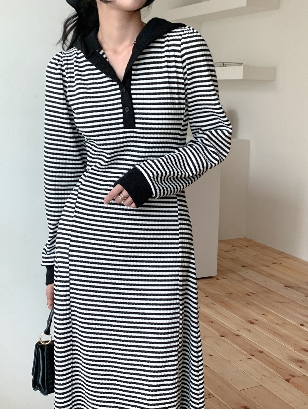 ニットフードスリムロングボーダー配色ワンピース | 詳細画像2