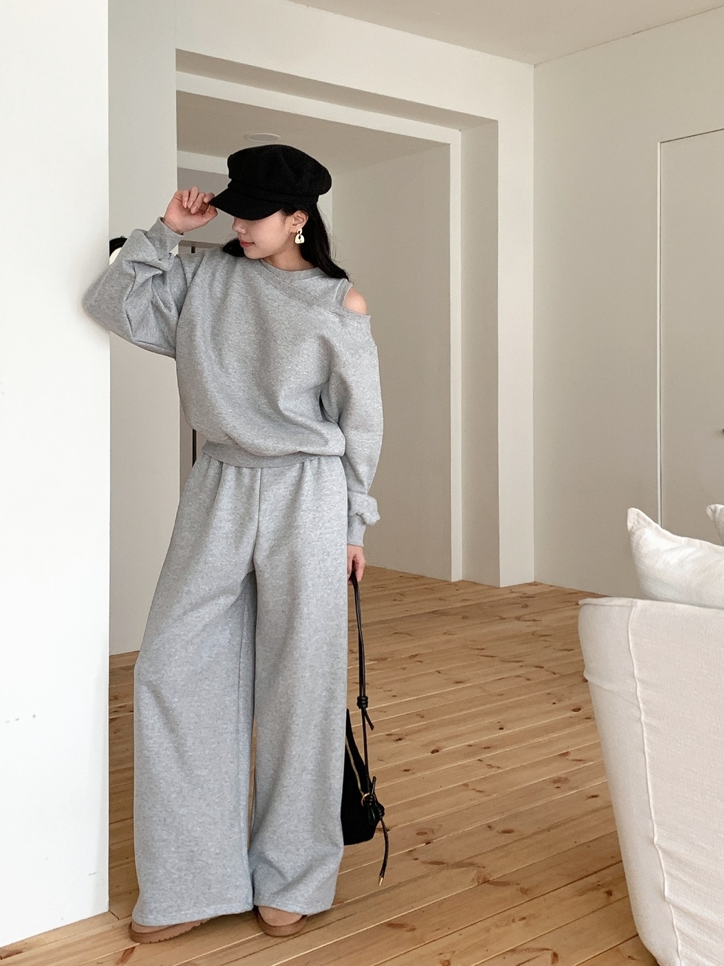 起毛裏地ワンショルダースリットウエストゴムアンバランス長袖ワイドセットアップパンツスウェットトレーニング | 詳細画像12