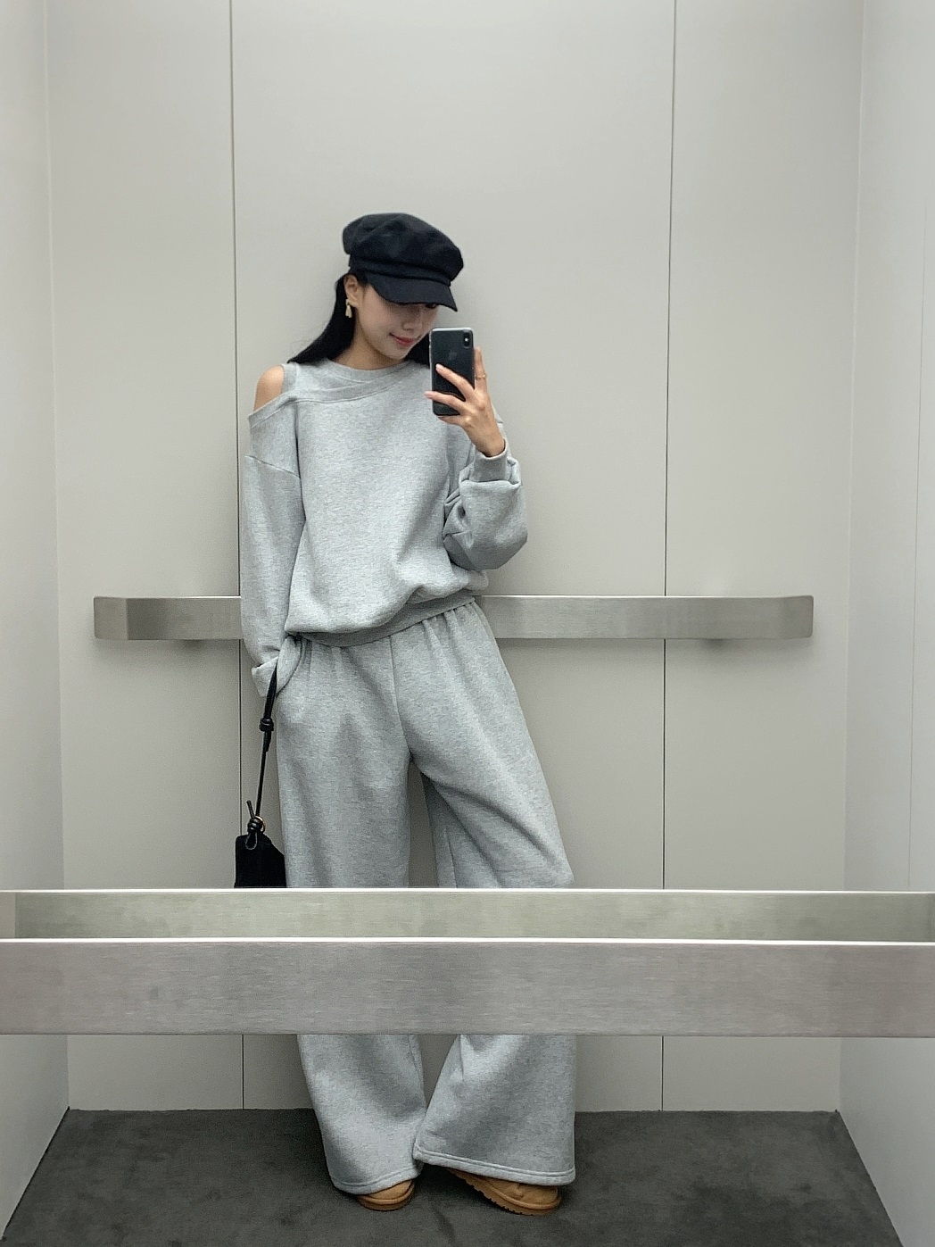 起毛裏地ワンショルダースリットウエストゴムアンバランス長袖ワイドセットアップパンツスウェットトレーニング | 詳細画像14