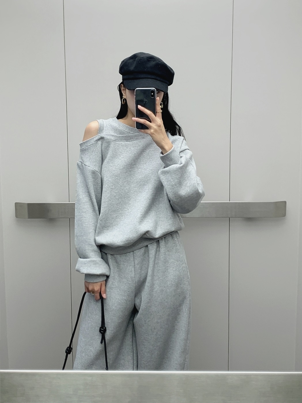 起毛裏地ワンショルダースリットウエストゴムアンバランス長袖ワイドセットアップパンツスウェットトレーニング | 詳細画像13