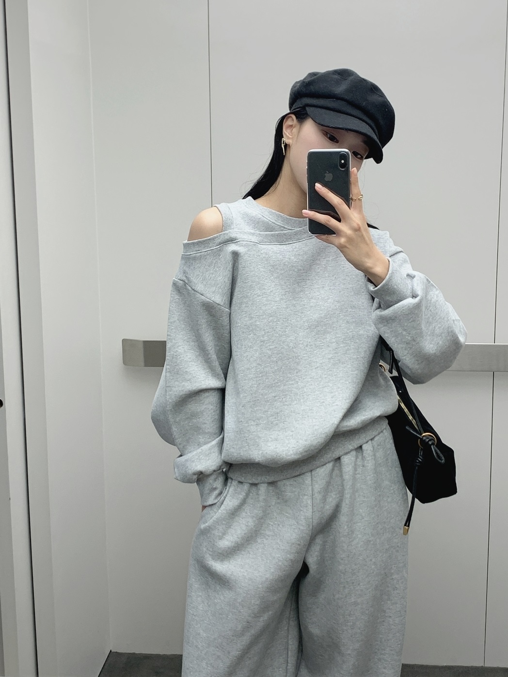 起毛裏地ワンショルダースリットウエストゴムアンバランス長袖ワイドセットアップパンツスウェットトレーニング | 詳細画像9