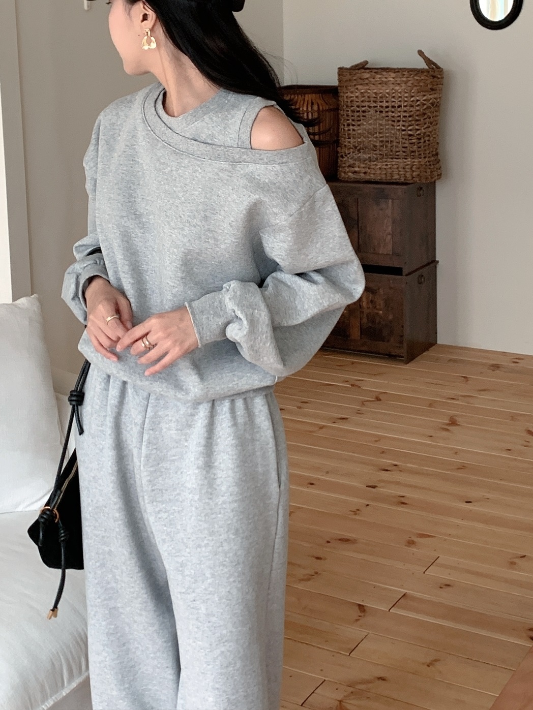 起毛裏地ワンショルダースリットウエストゴムアンバランス長袖ワイドセットアップパンツスウェットトレーニング | 詳細画像11