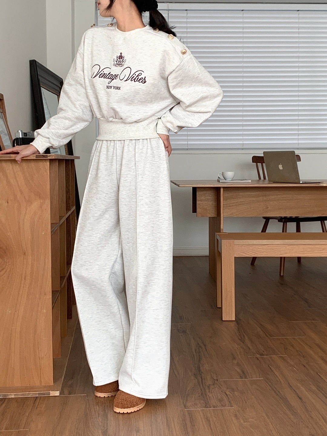 起毛裏地ラウンドネックウエストゴム長袖ワイド刺繍セットアップパンツスウェットトレーニング | 詳細画像11