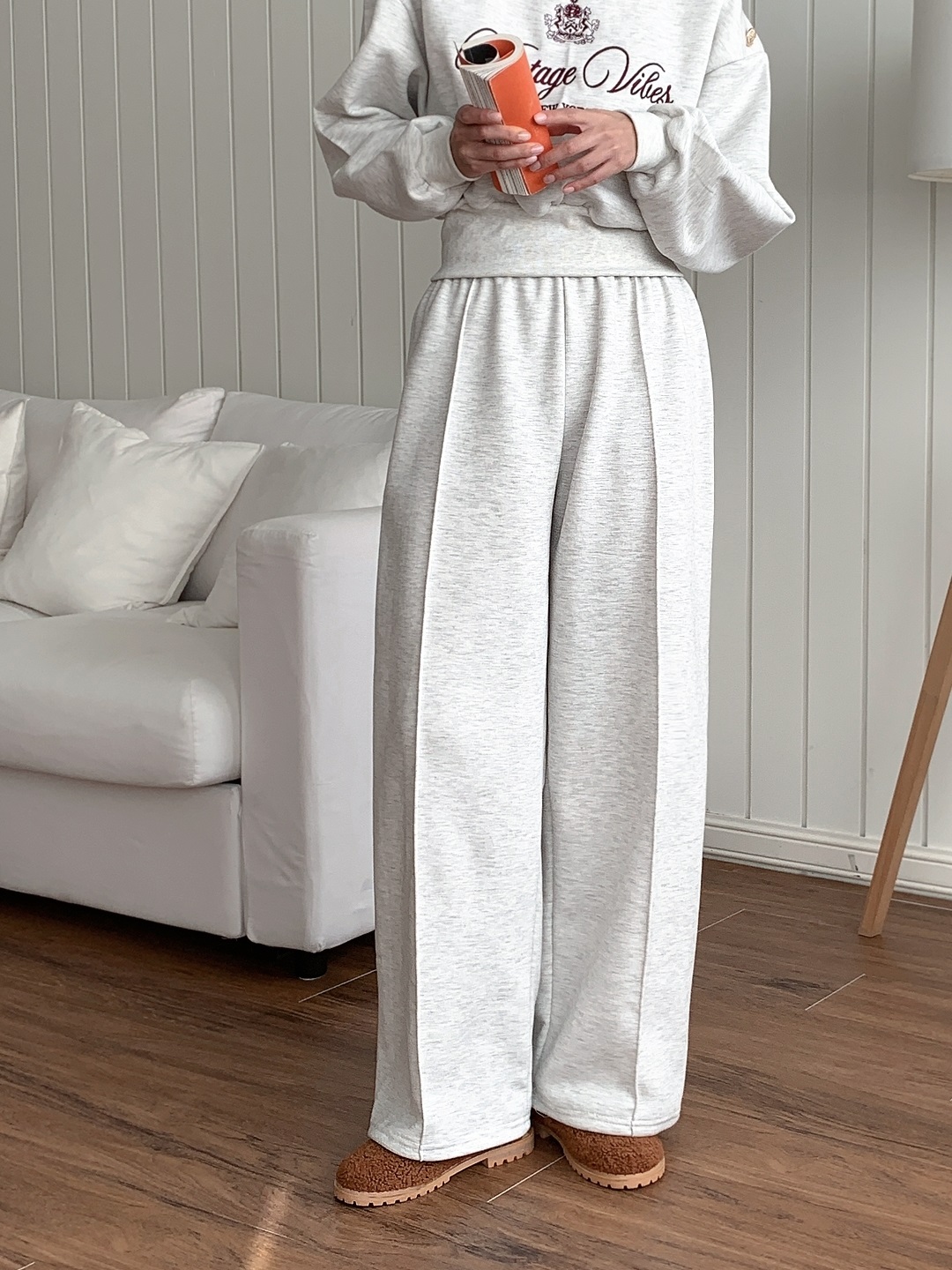 起毛裏地ラウンドネックウエストゴム長袖ワイド刺繍セットアップパンツスウェットトレーニング | 詳細画像5