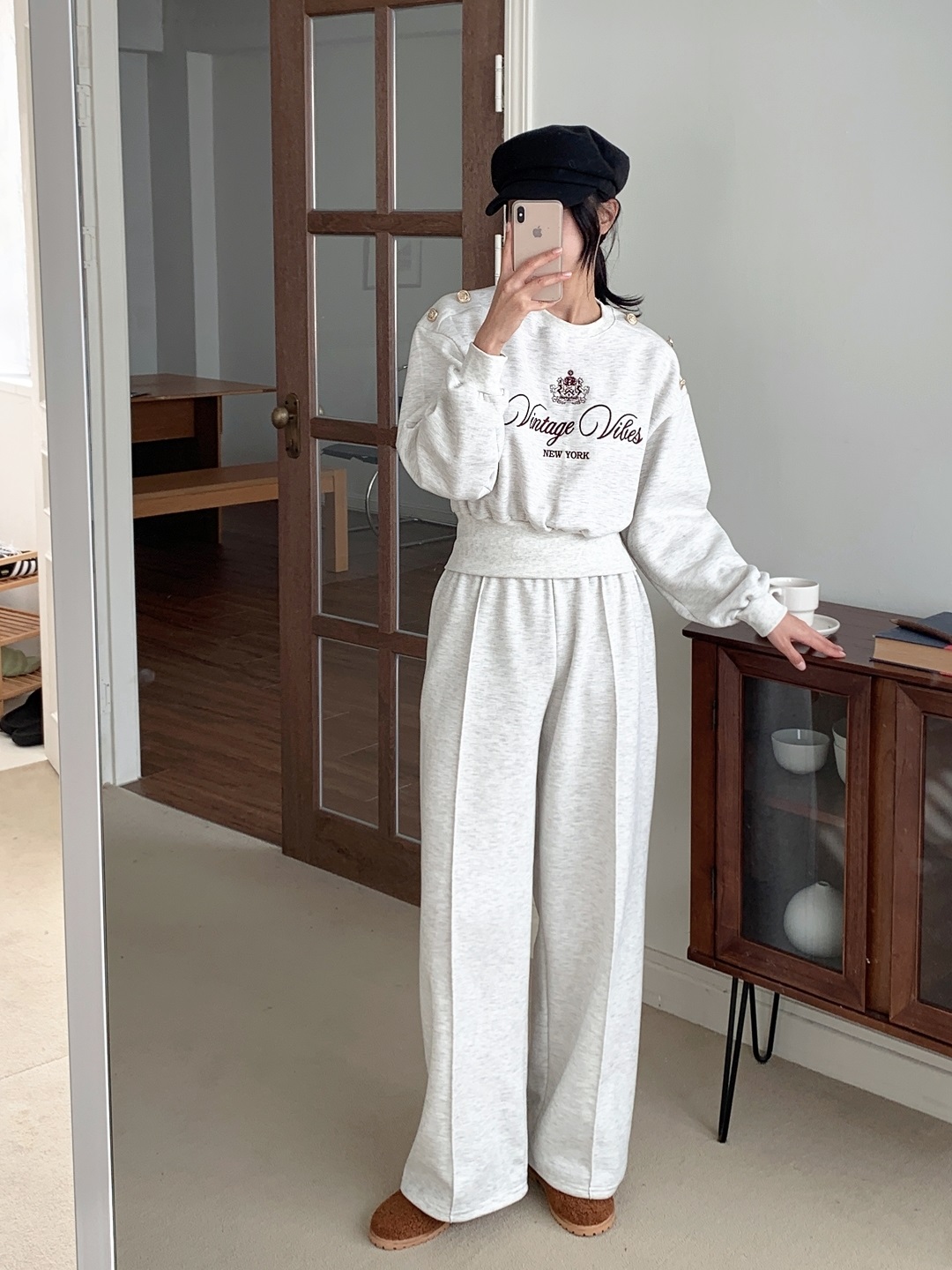 起毛裏地ラウンドネックウエストゴム長袖ワイド刺繍セットアップパンツスウェットトレーニング | 詳細画像7