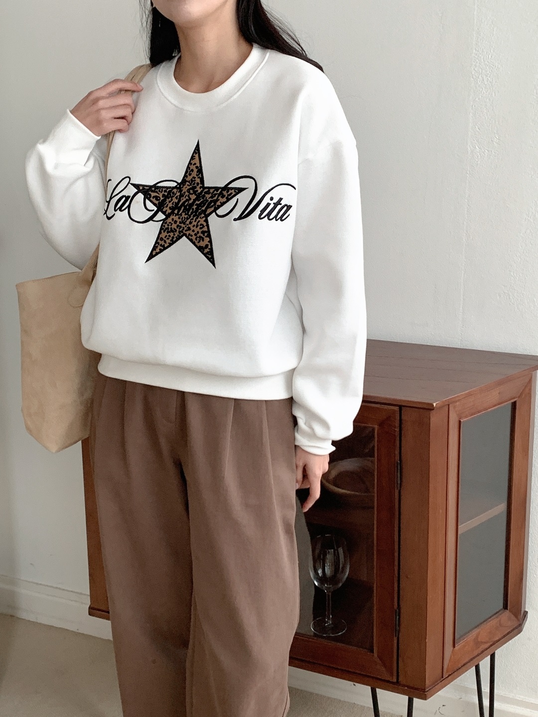 起毛裏地ラウンドネック長袖レオパード星柄スウェット | 詳細画像6