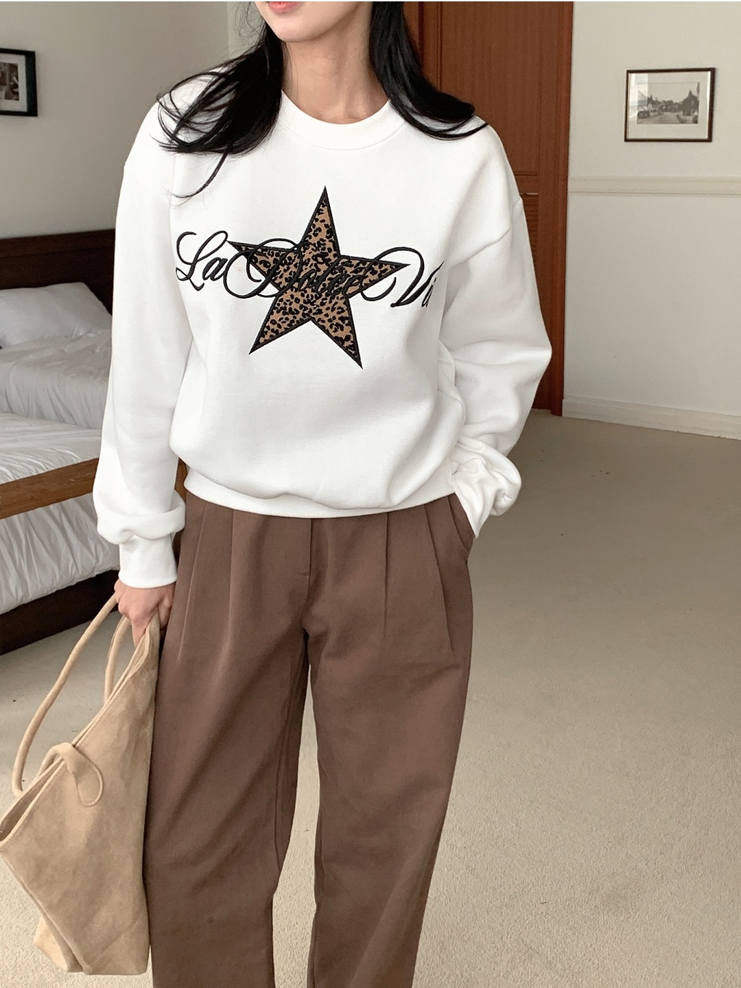 起毛裏地ラウンドネック長袖レオパード星柄スウェット | 詳細画像7