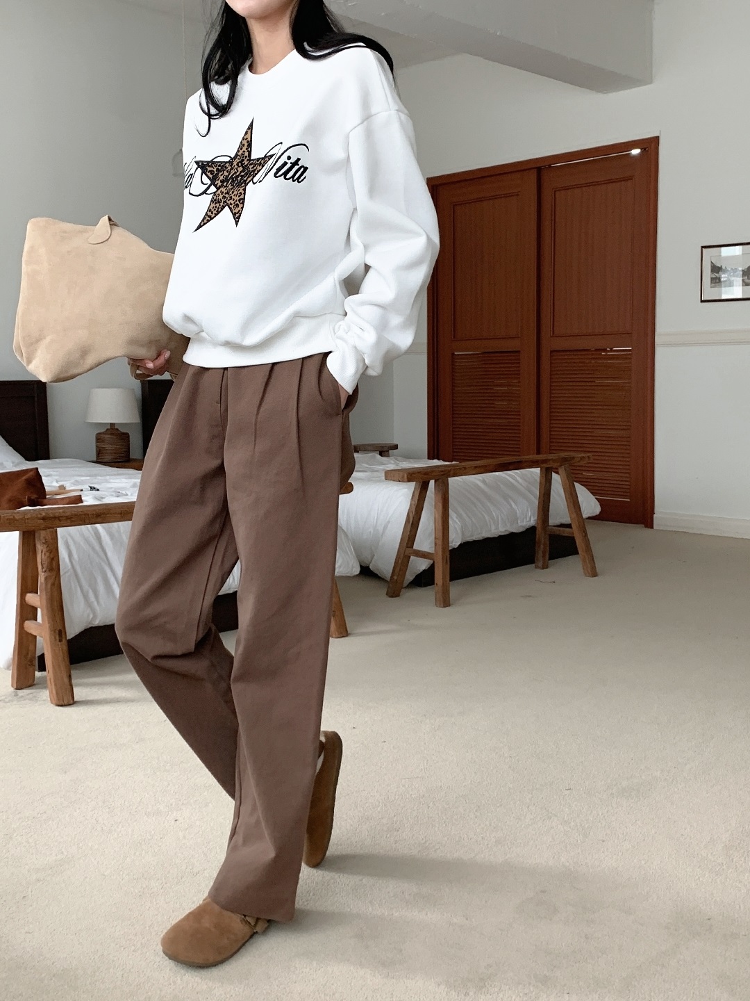 起毛裏地ラウンドネック長袖レオパード星柄スウェット | 詳細画像8