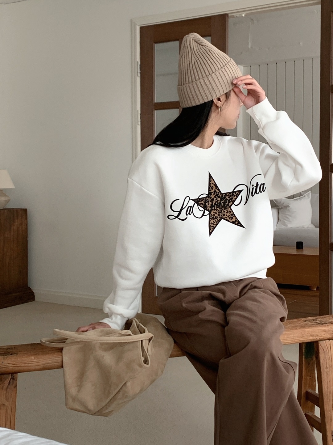 起毛裏地ラウンドネック長袖レオパード星柄スウェット | 詳細画像12