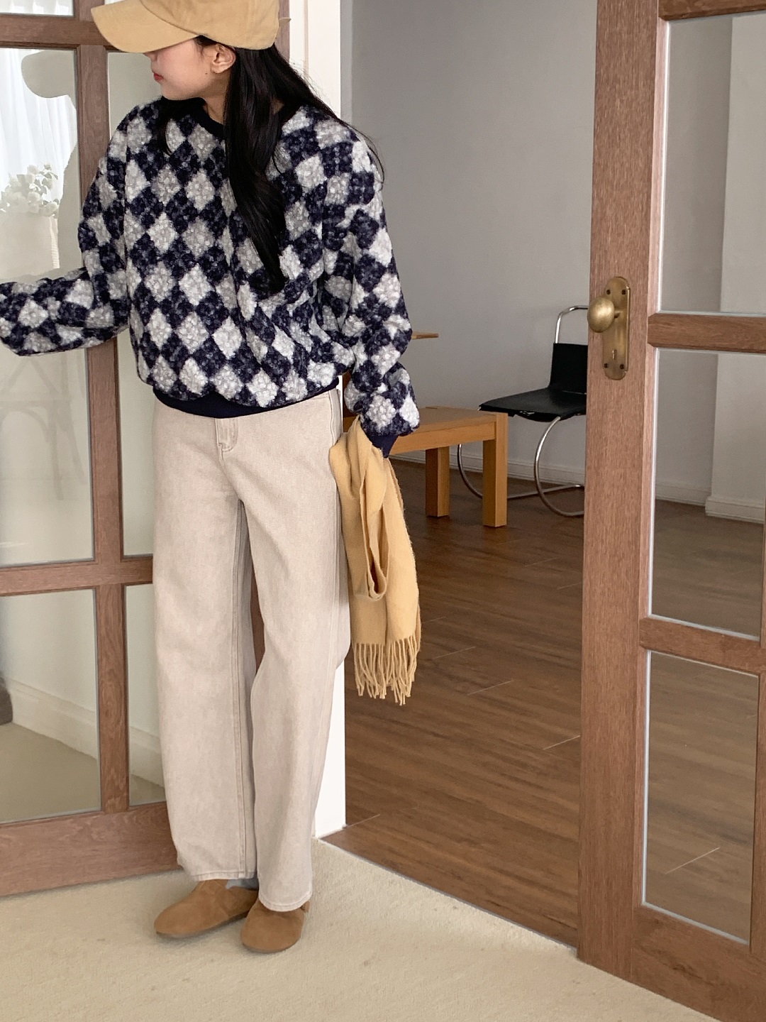 ラウンドネックルーズ長袖アーガイルTシャツスウェット | 詳細画像11