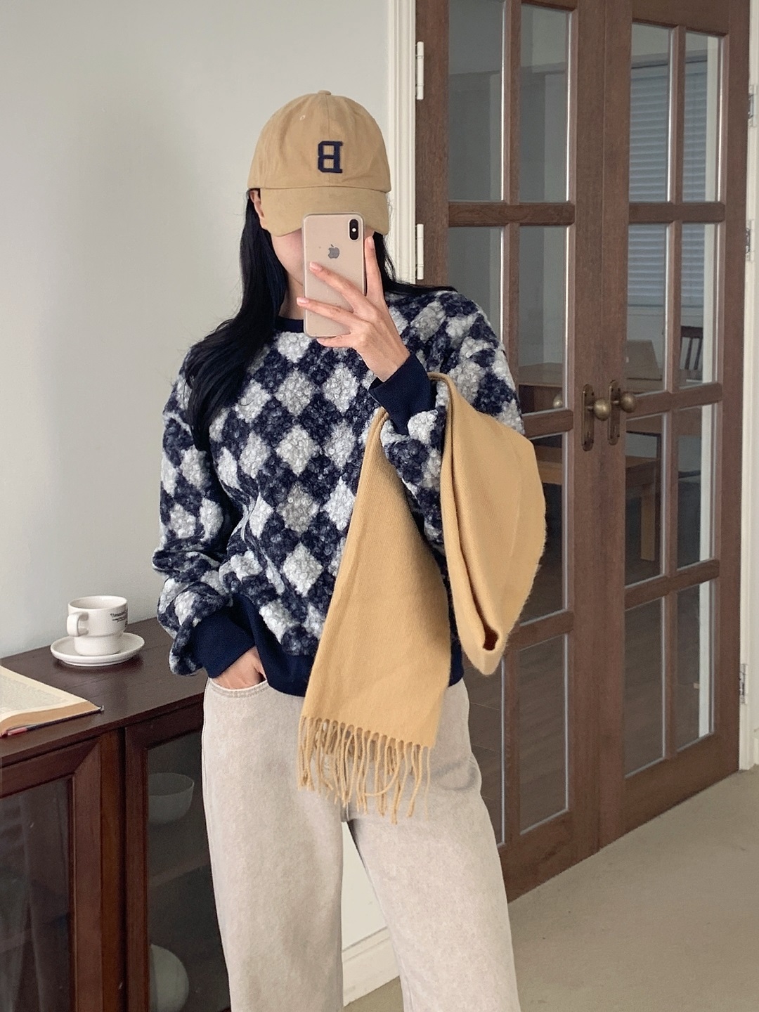 ラウンドネックルーズ長袖アーガイルTシャツスウェット | 詳細画像3