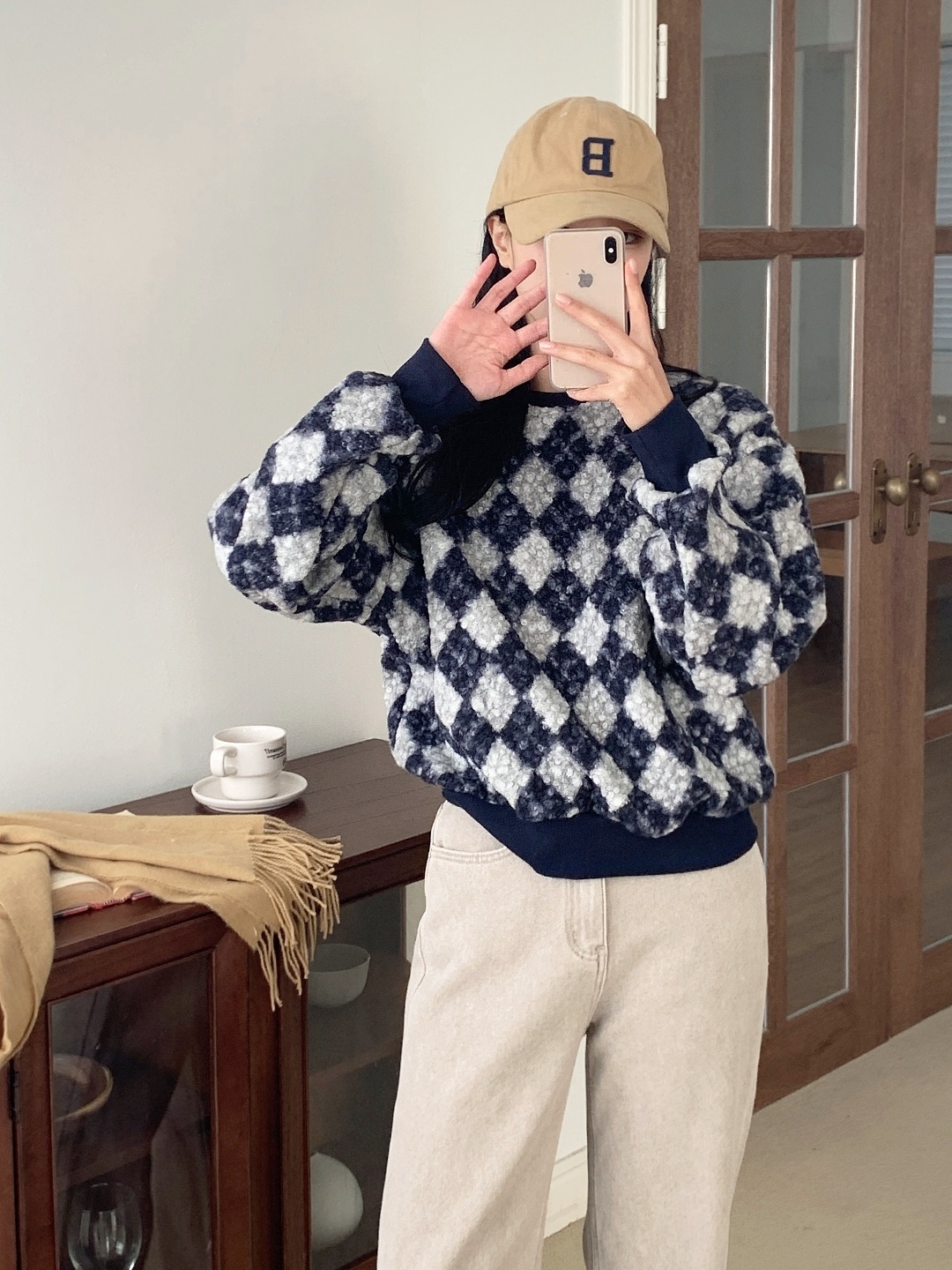 ラウンドネックルーズ長袖アーガイルTシャツスウェット | 詳細画像4