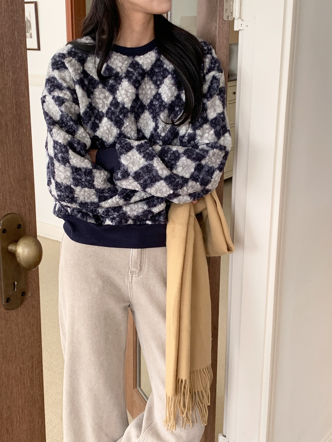 ラウンドネックルーズ長袖アーガイルTシャツスウェット | 詳細画像5