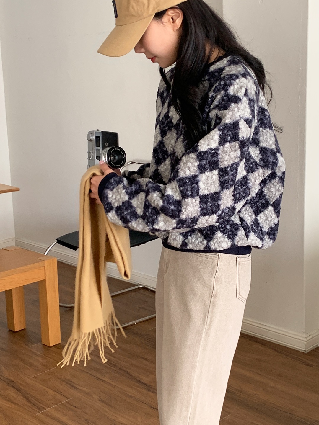 ラウンドネックルーズ長袖アーガイルTシャツスウェット | 詳細画像12