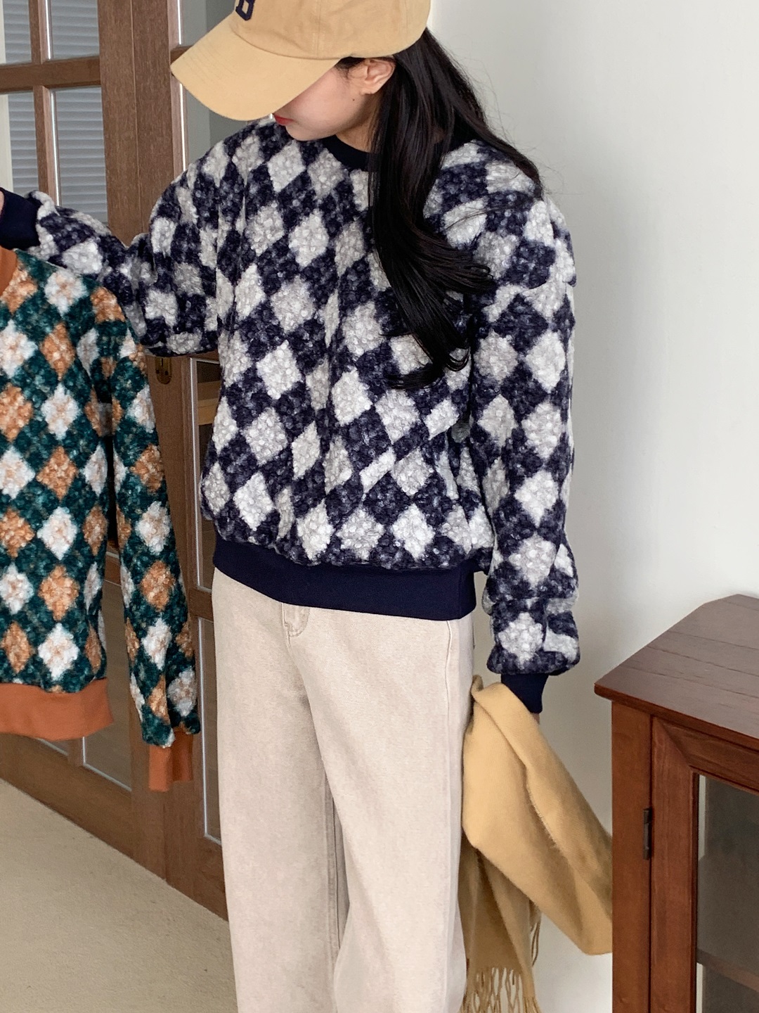 ラウンドネックルーズ長袖アーガイルTシャツスウェット | 詳細画像13