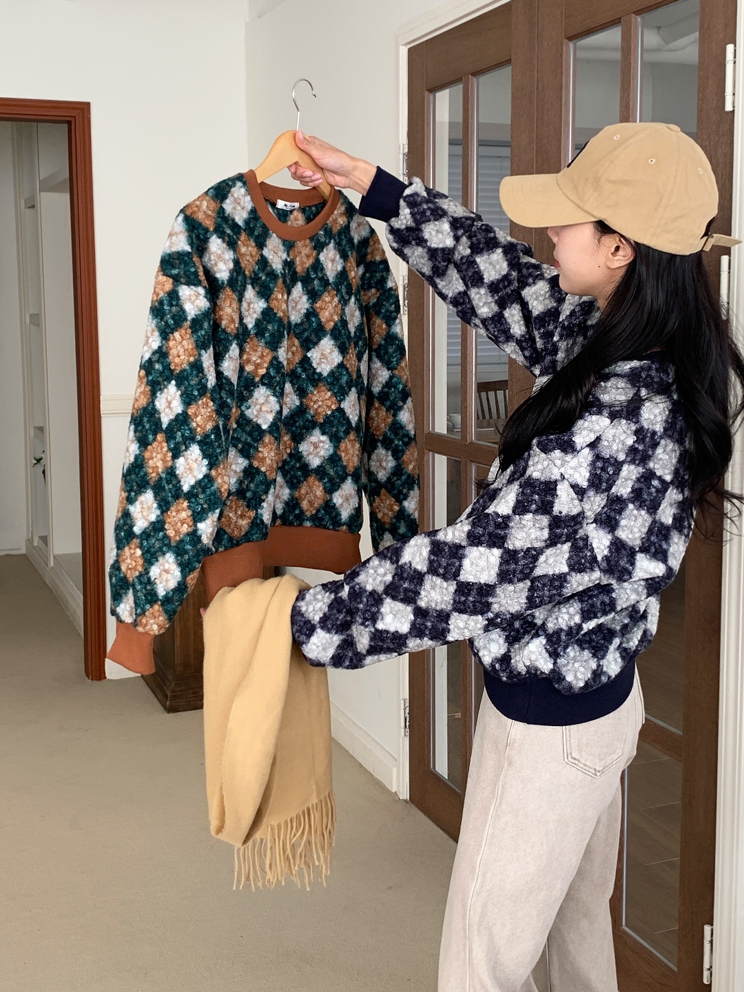 ラウンドネックルーズ長袖アーガイルTシャツスウェット | 詳細画像6