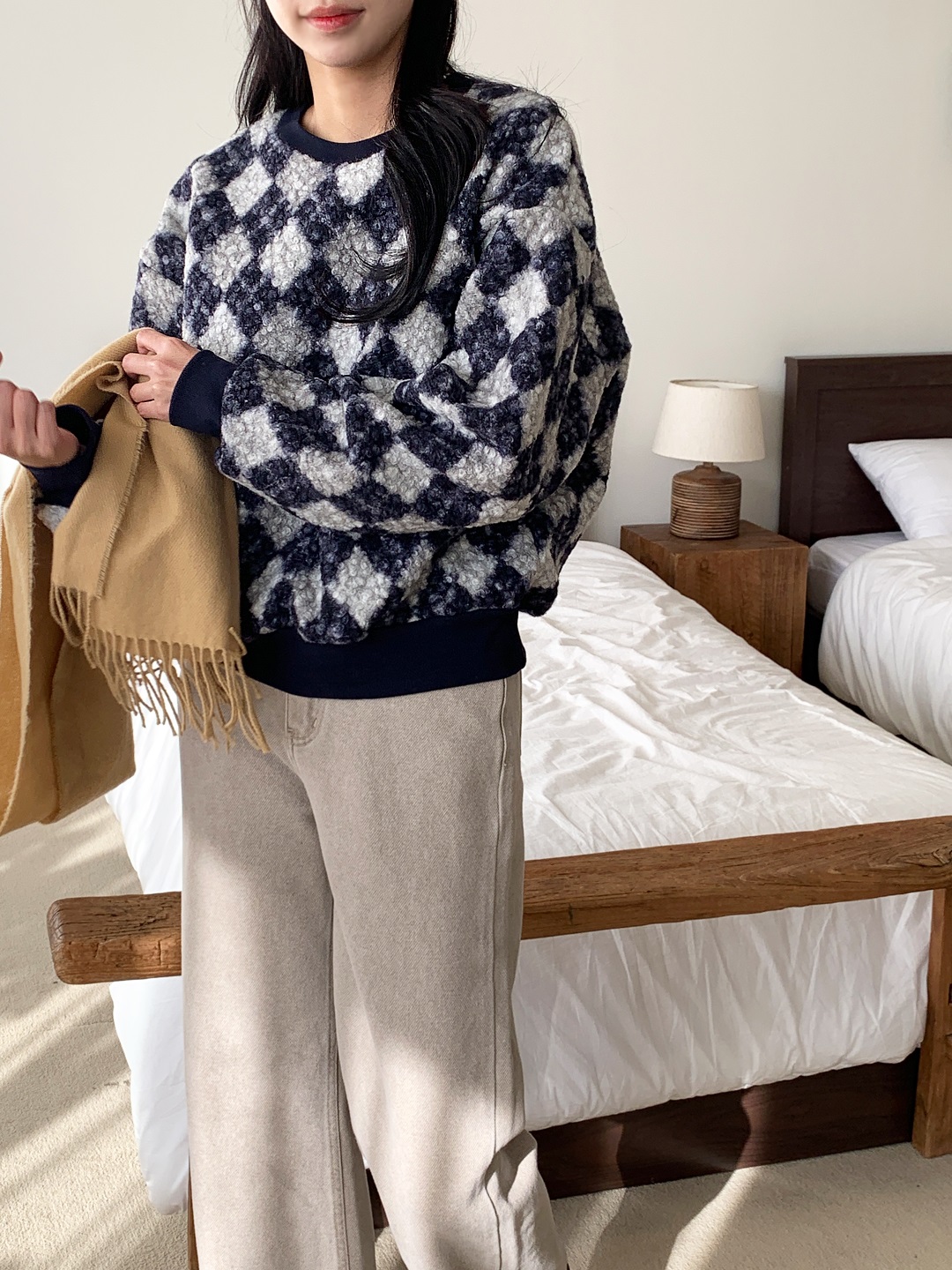 ラウンドネックルーズ長袖アーガイルTシャツスウェット | 詳細画像8