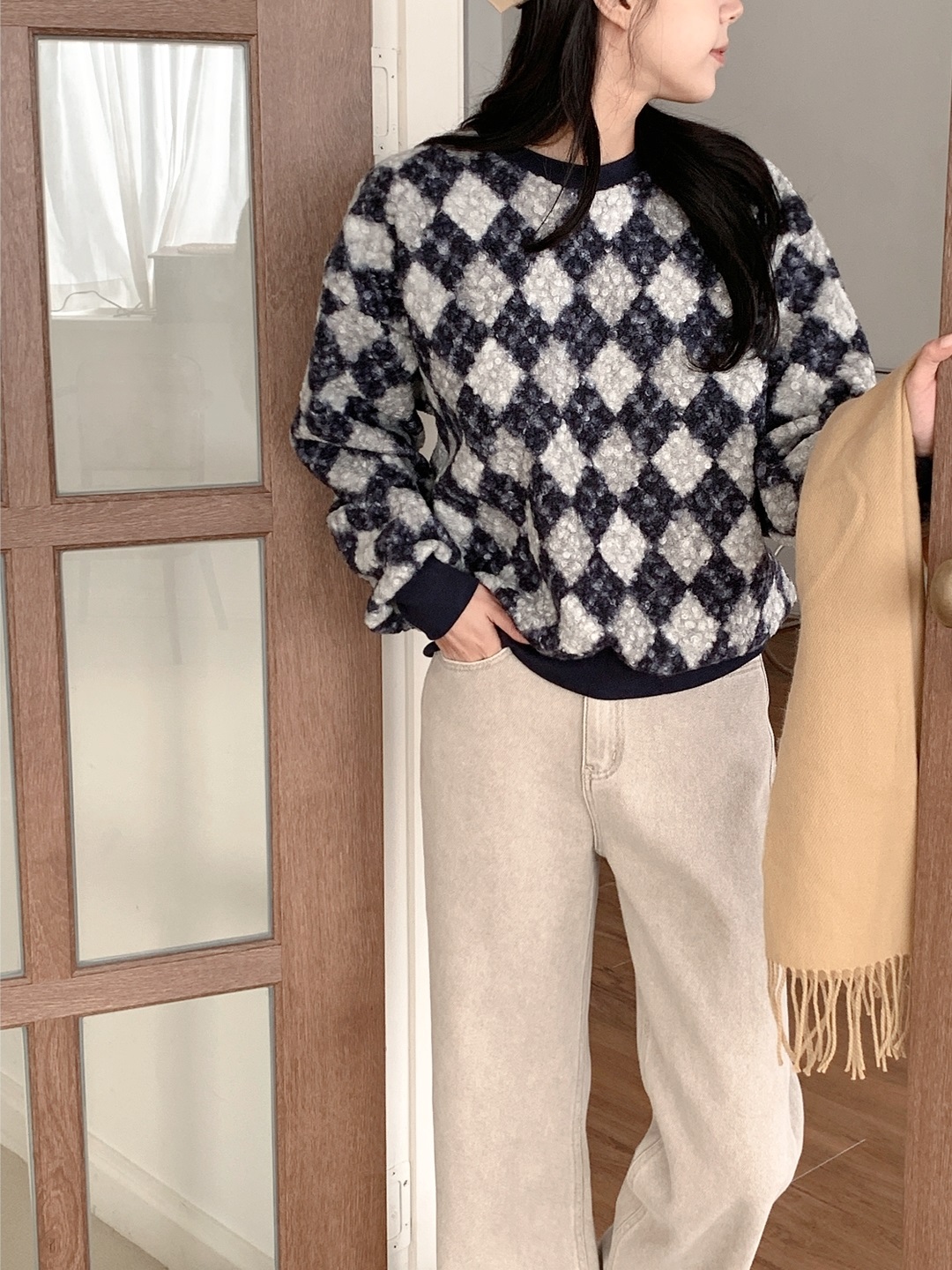 ラウンドネックルーズ長袖アーガイルTシャツスウェット | 詳細画像2