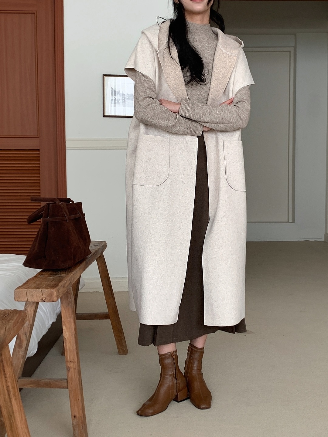 ベルト付フードロングルーズコートベスト | 詳細画像19