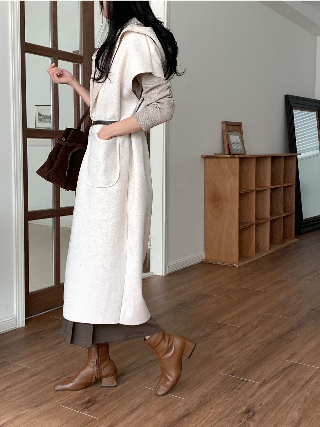 ベルト付フードロングルーズコートベスト | 詳細画像5