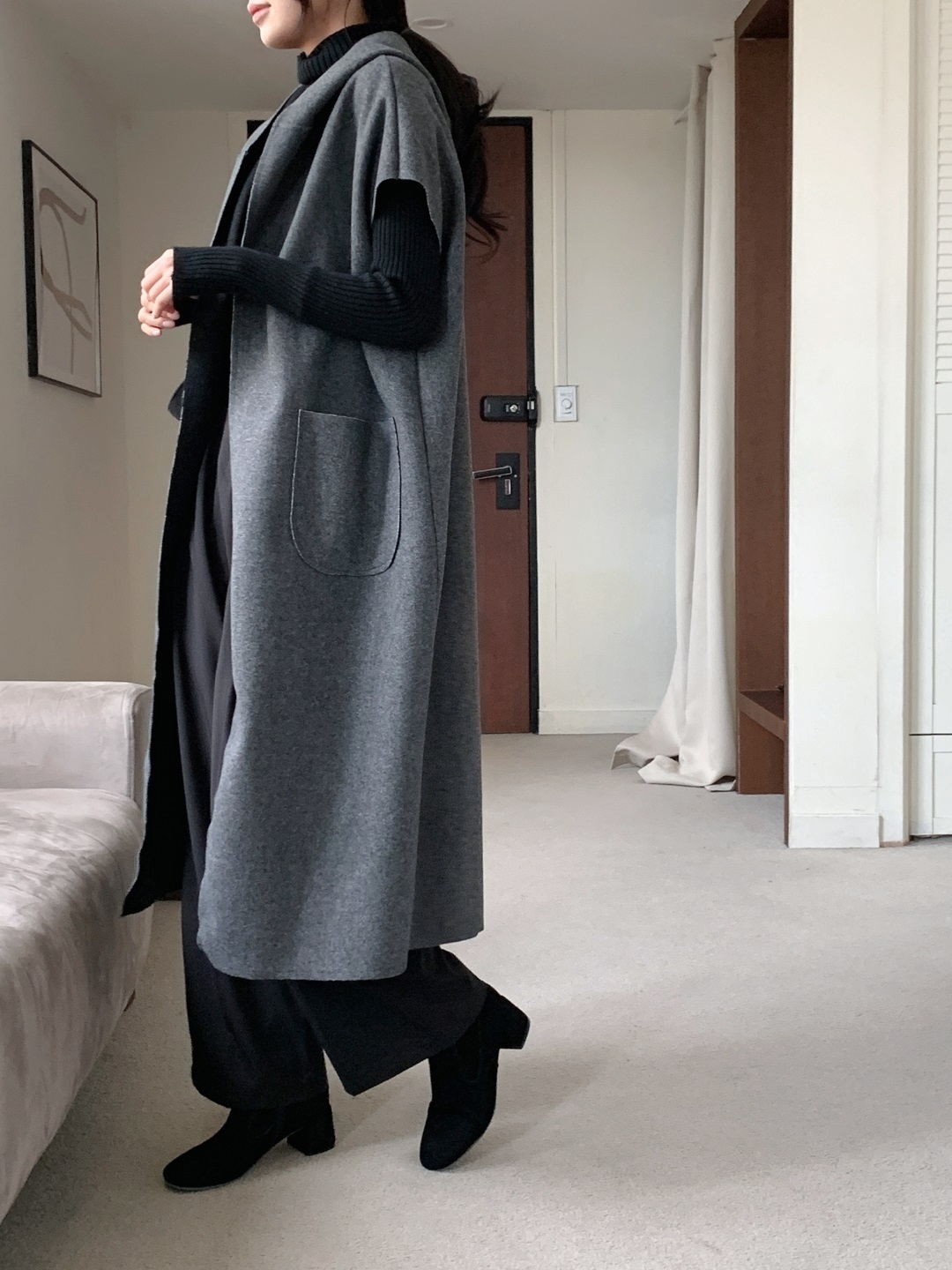 ベルト付フードロングルーズコートベスト | 詳細画像11