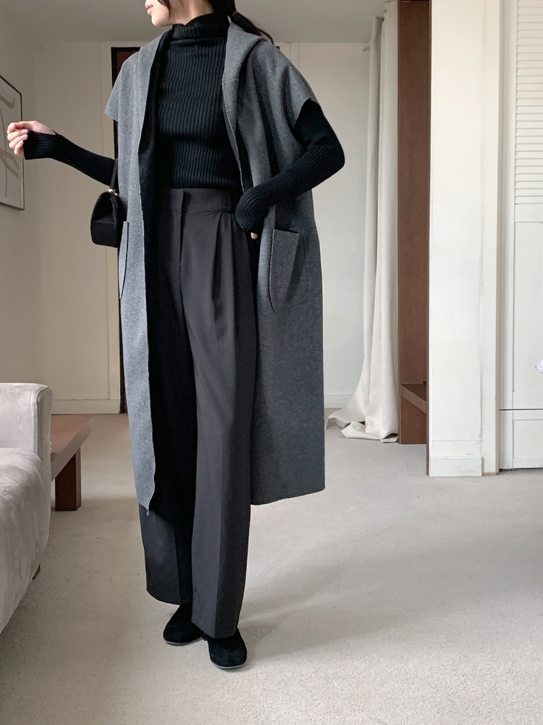 ベルト付フードロングルーズコートベスト | 詳細画像12