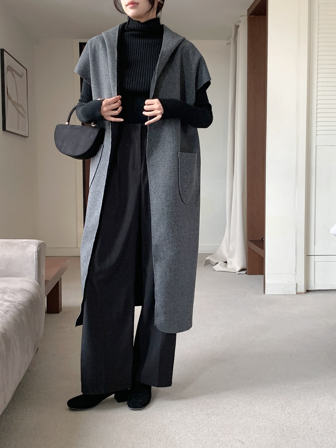 ベルト付フードロングルーズコートベスト | 詳細画像13