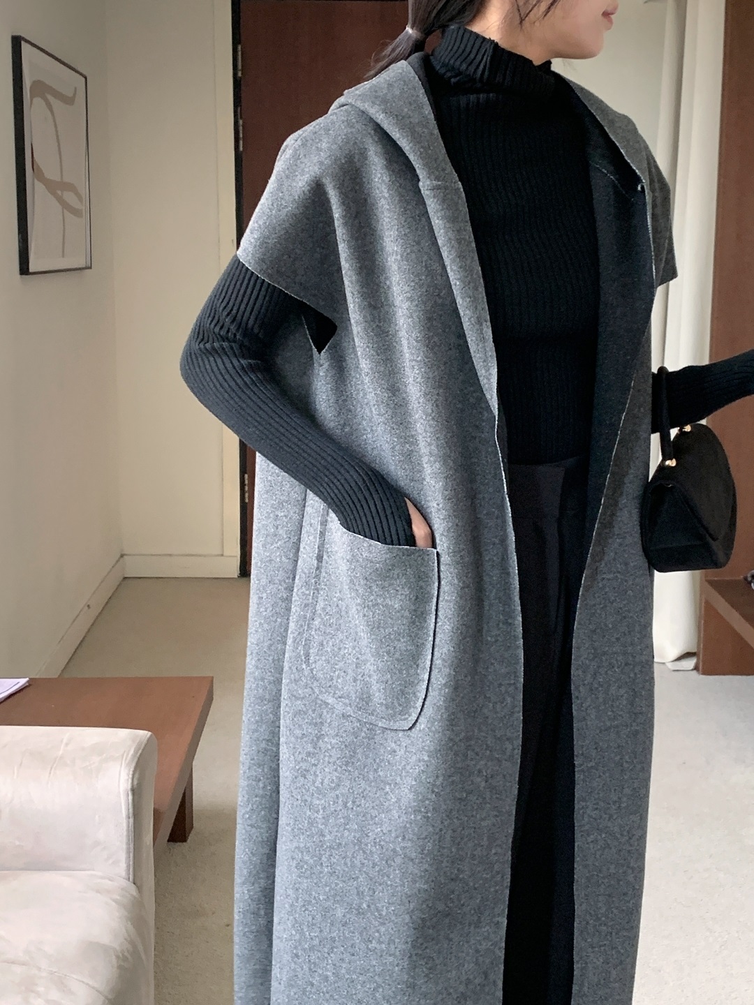 ベルト付フードロングルーズコートベスト | 詳細画像14