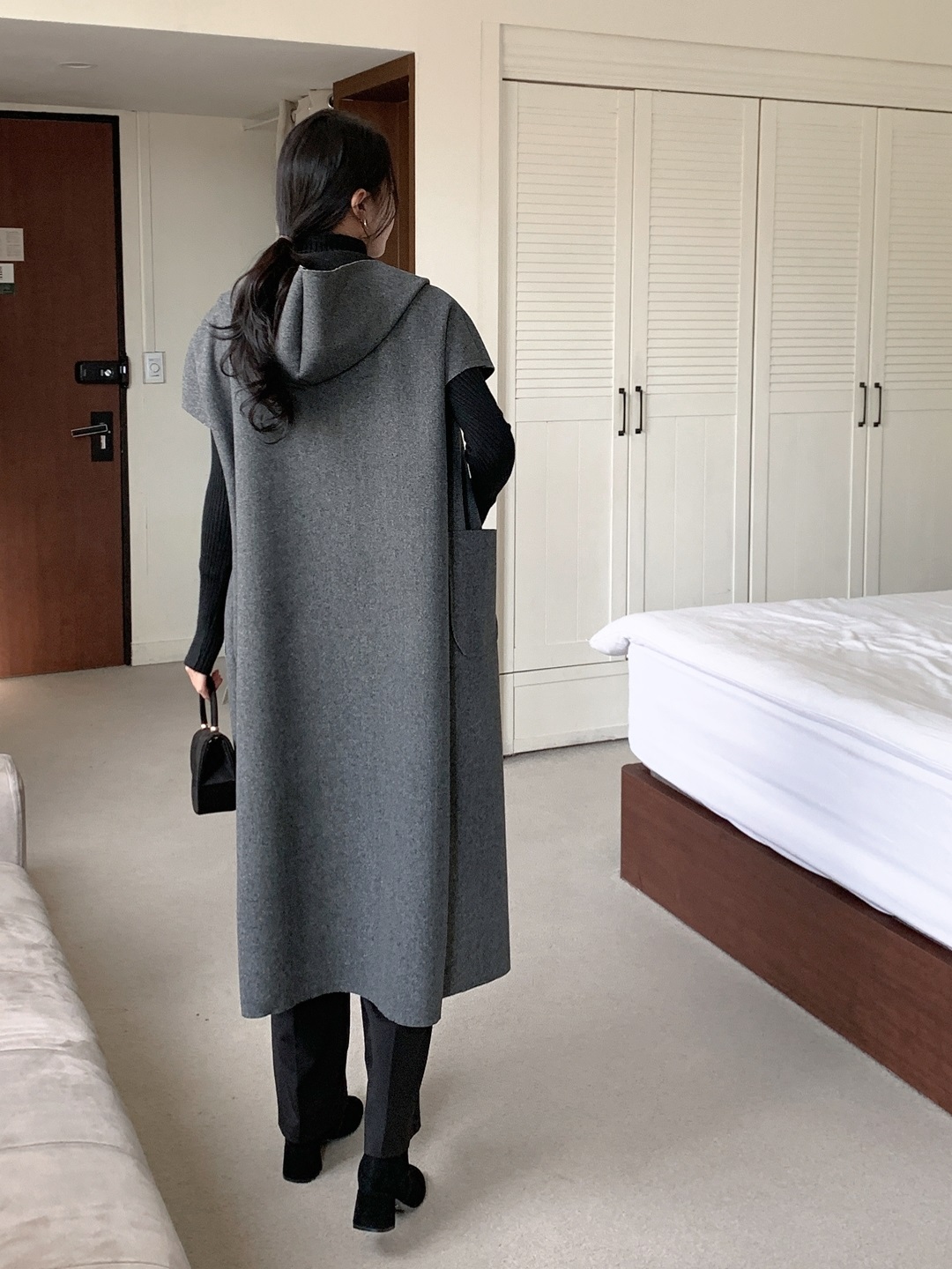 ベルト付フードロングルーズコートベスト | 詳細画像15