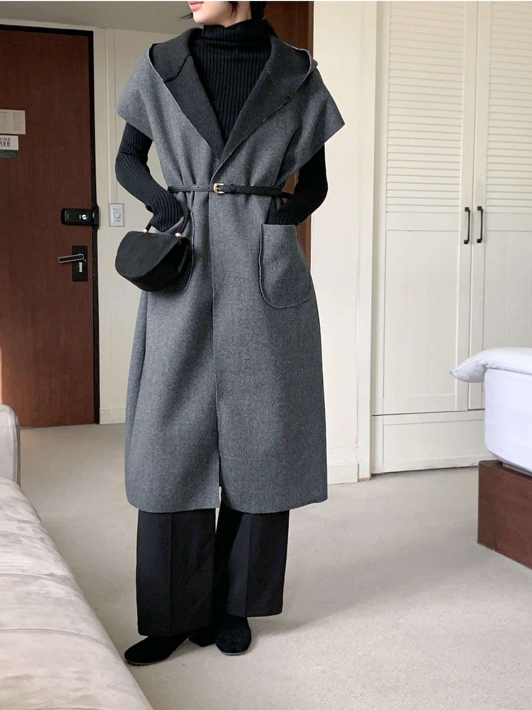 ベルト付フードロングルーズコートベスト | 詳細画像16