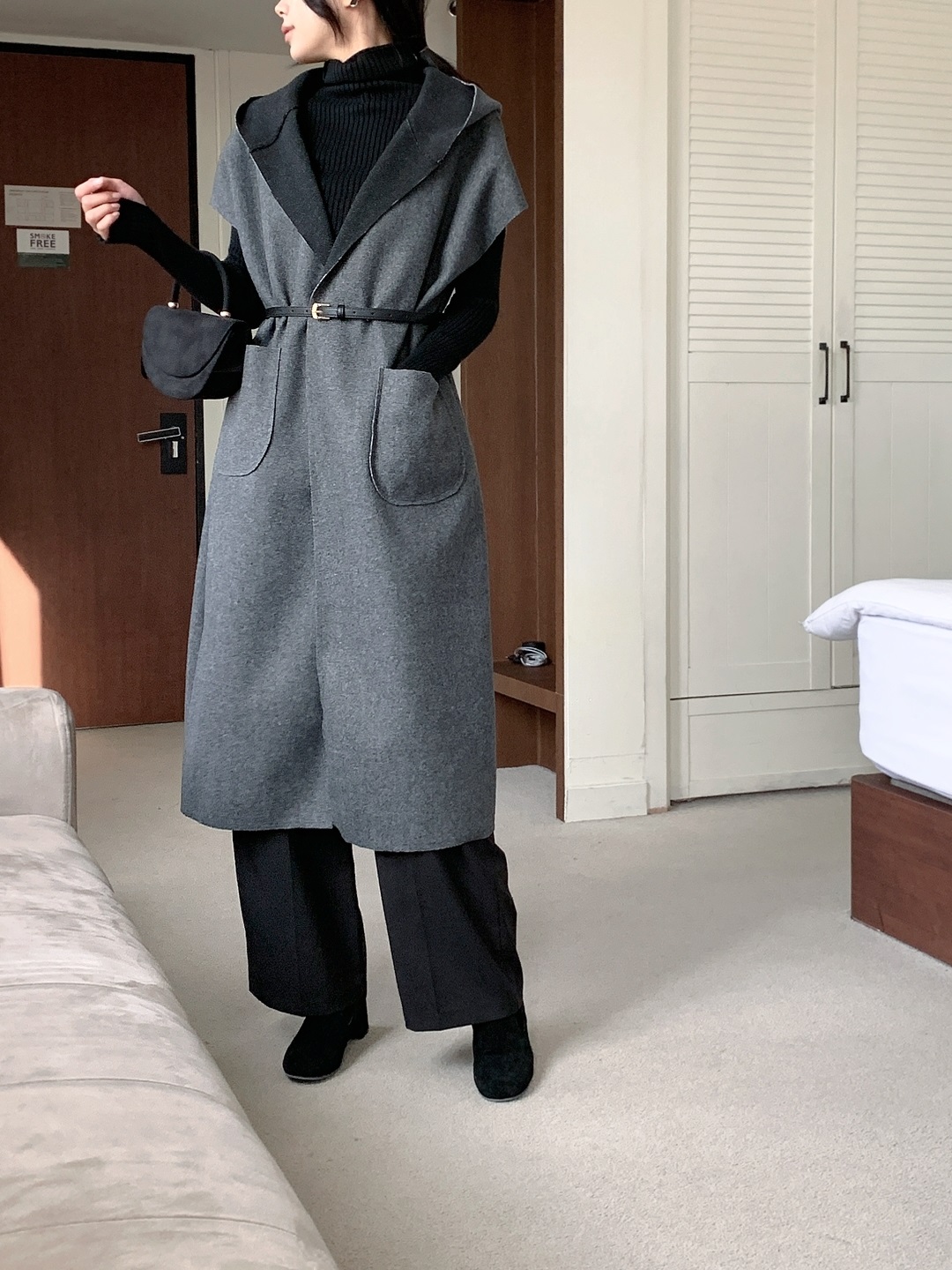 ベルト付フードロングルーズコートベスト | 詳細画像17