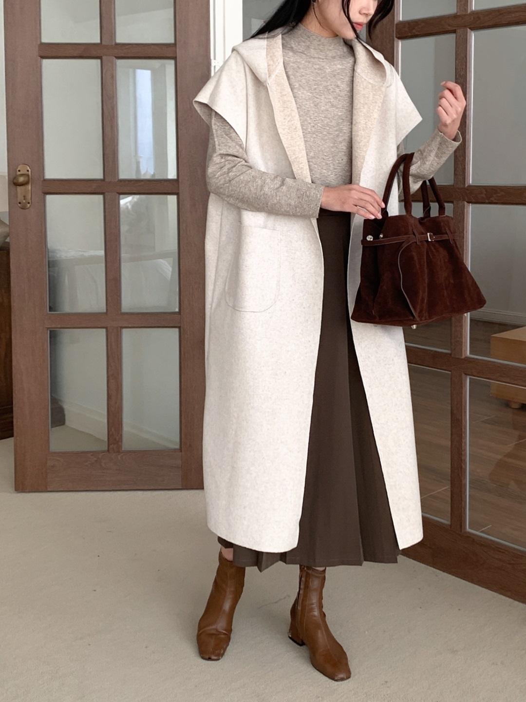 ベルト付フードロングルーズコートベスト | 詳細画像3