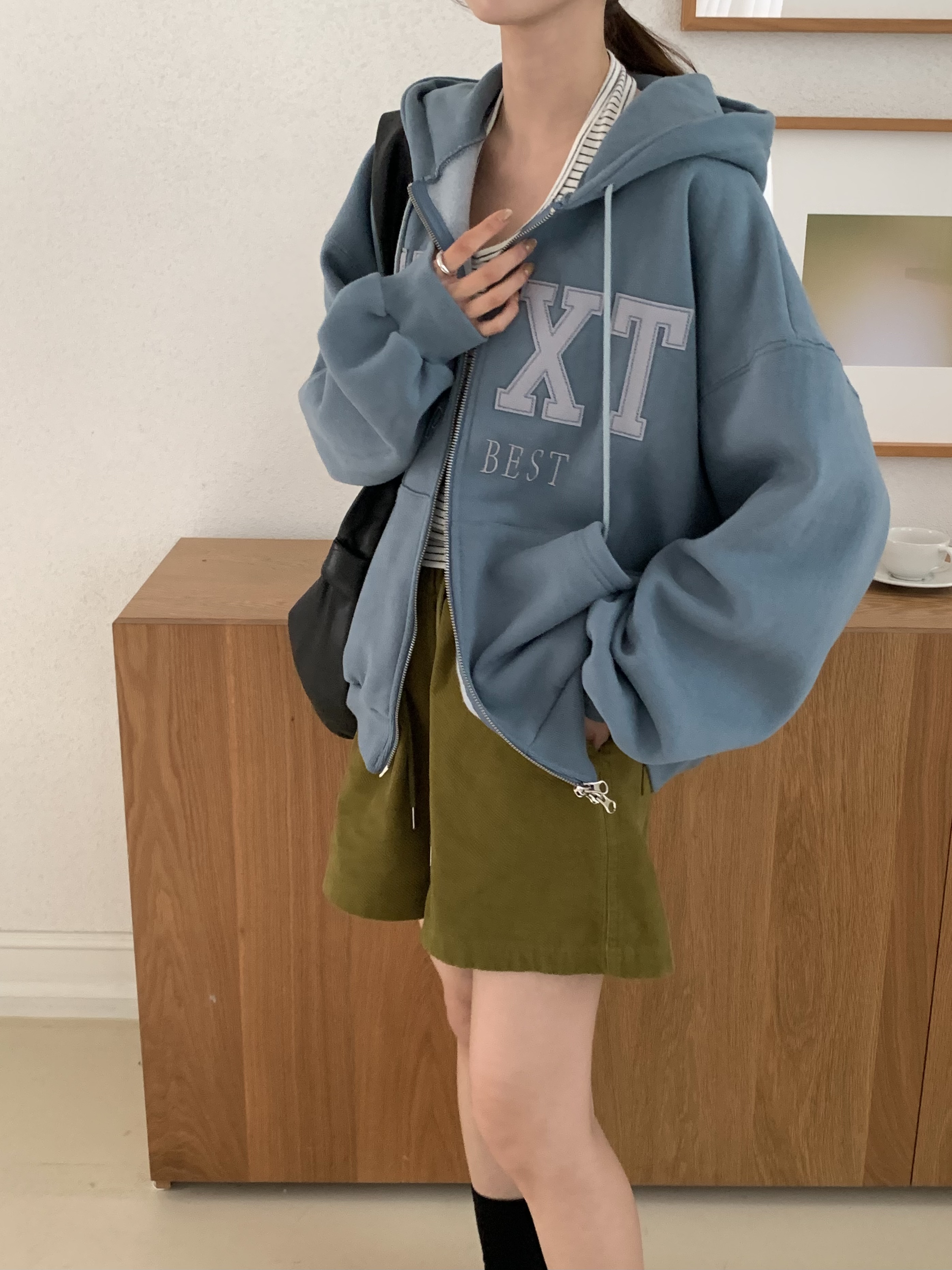 裏起毛ジップアップフードポケットパッチルーズ長袖ジップパーカー | 詳細画像6