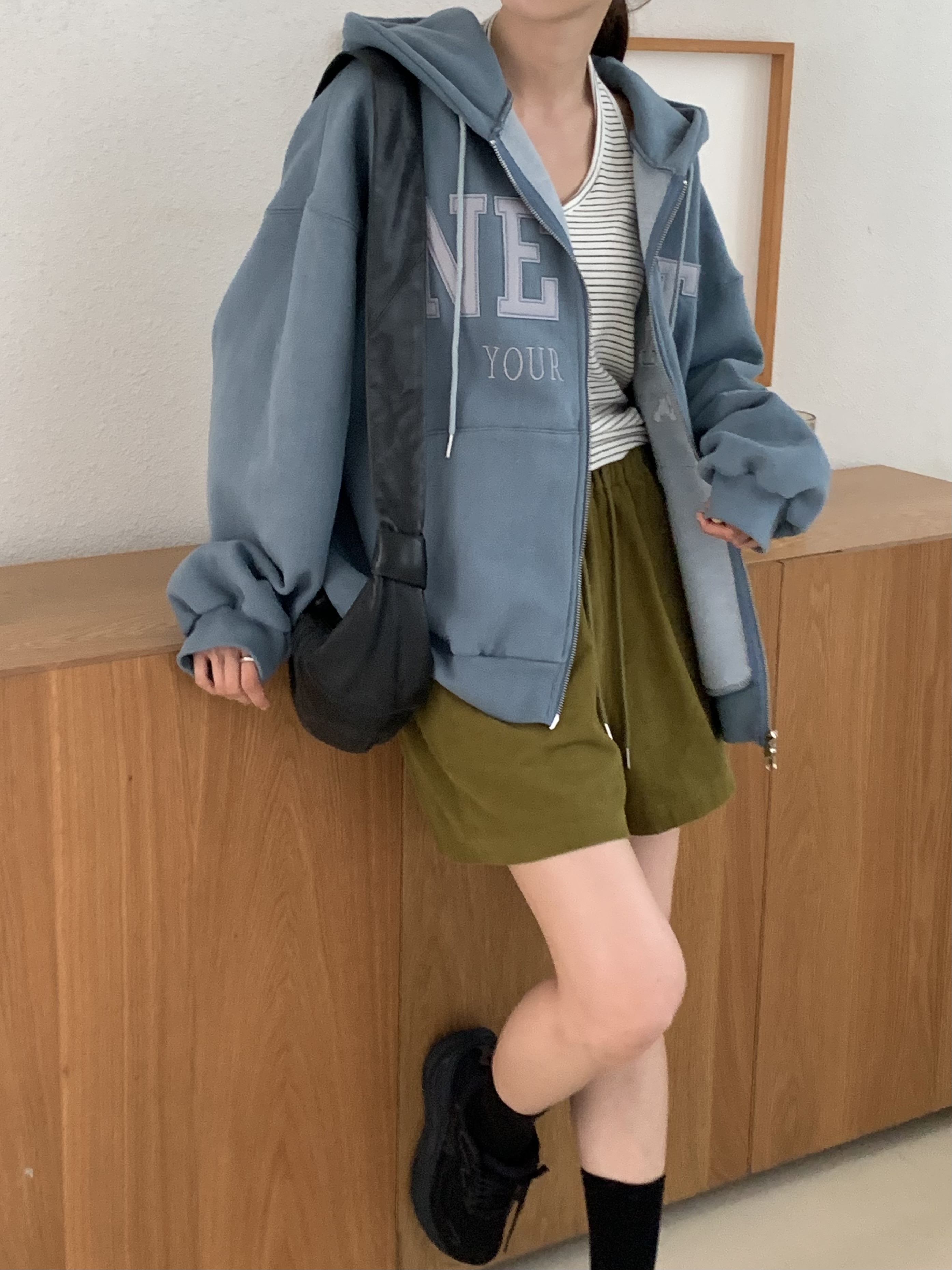 裏起毛ジップアップフードポケットパッチルーズ長袖ジップパーカー | 詳細画像7