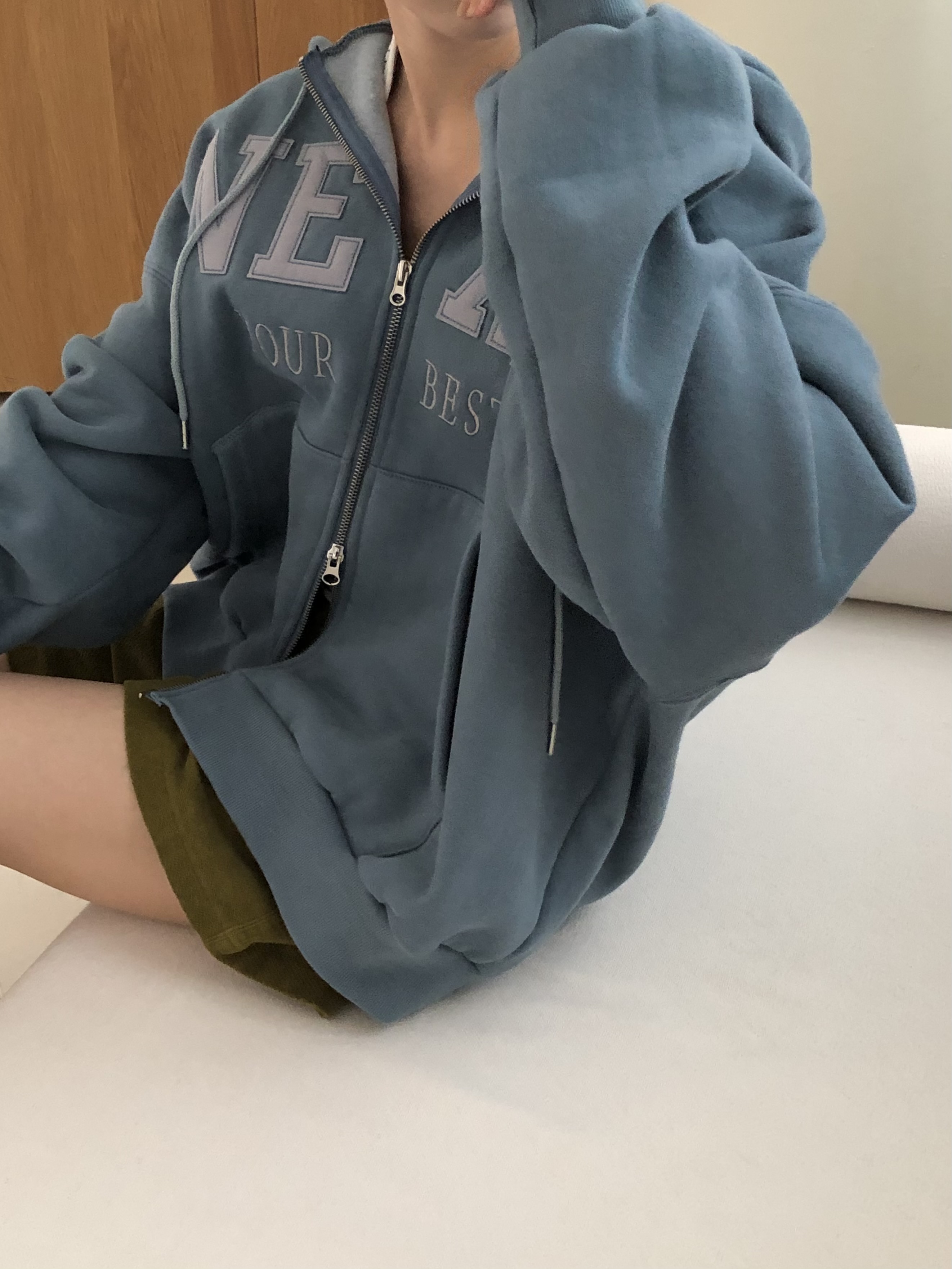 裏起毛ジップアップフードポケットパッチルーズ長袖ジップパーカー | 詳細画像8