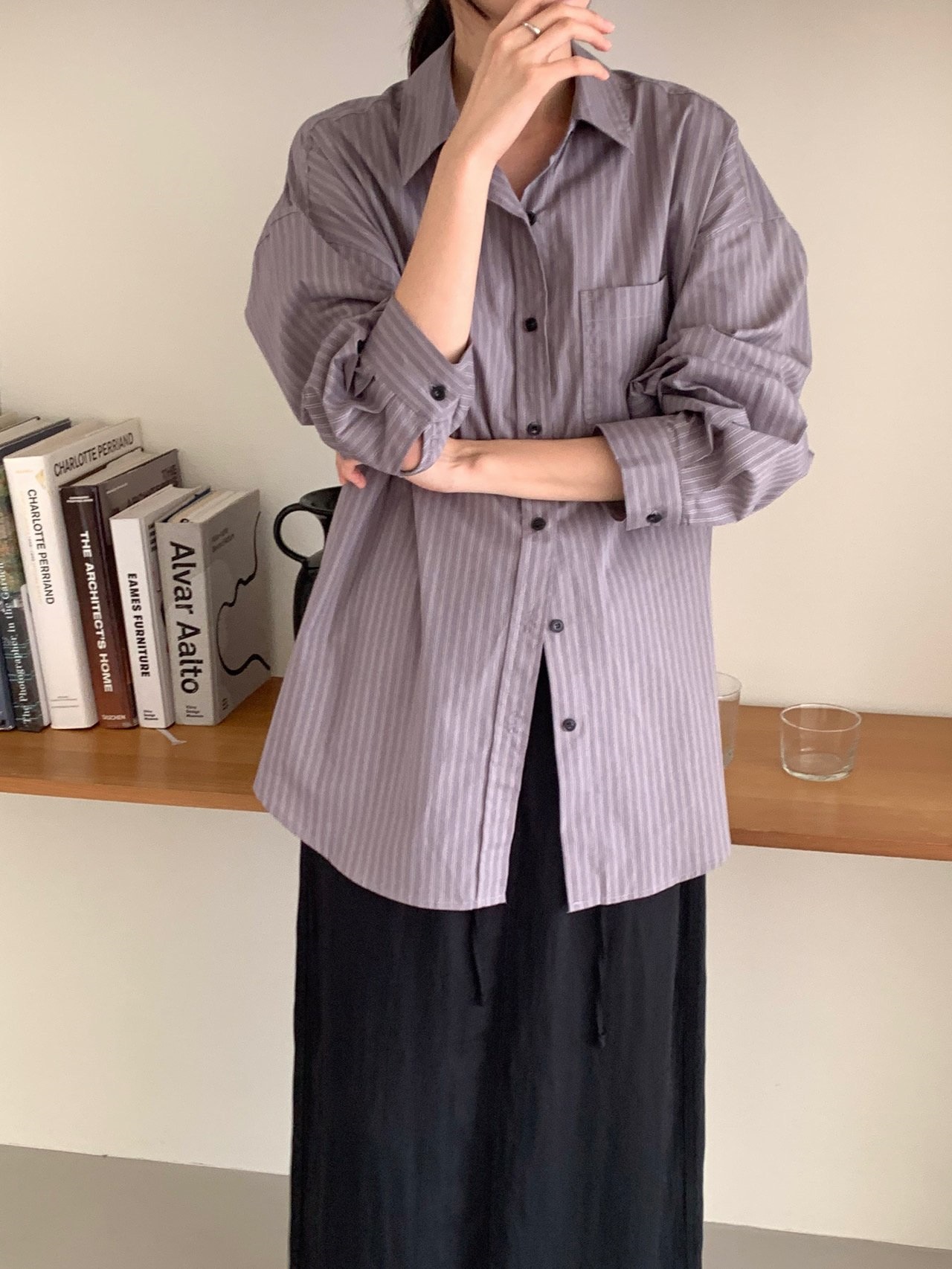 ボタンカラールーズ長袖ストライプシャツ | 詳細画像4