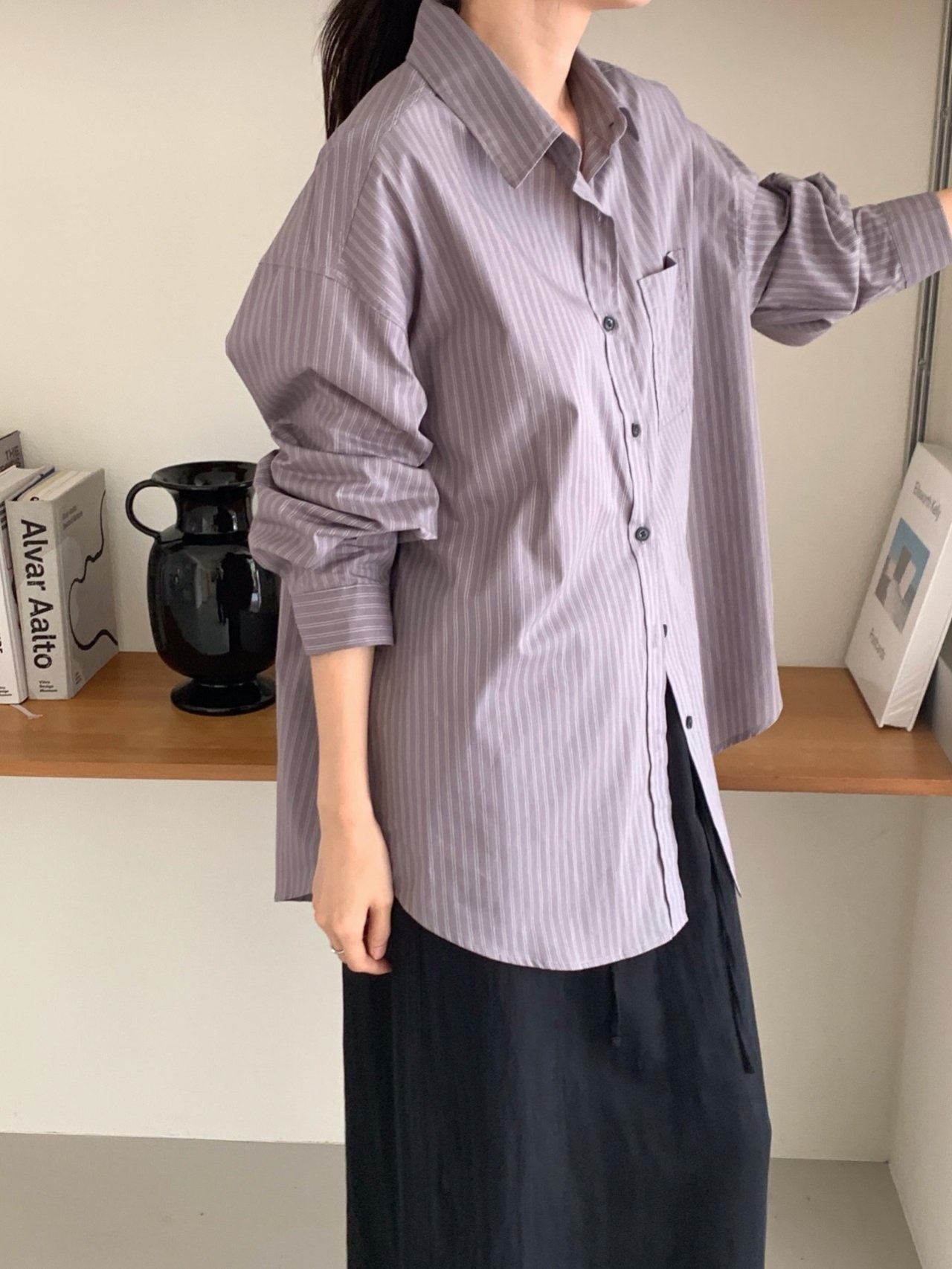 ボタンカラールーズ長袖ストライプシャツ | 詳細画像5