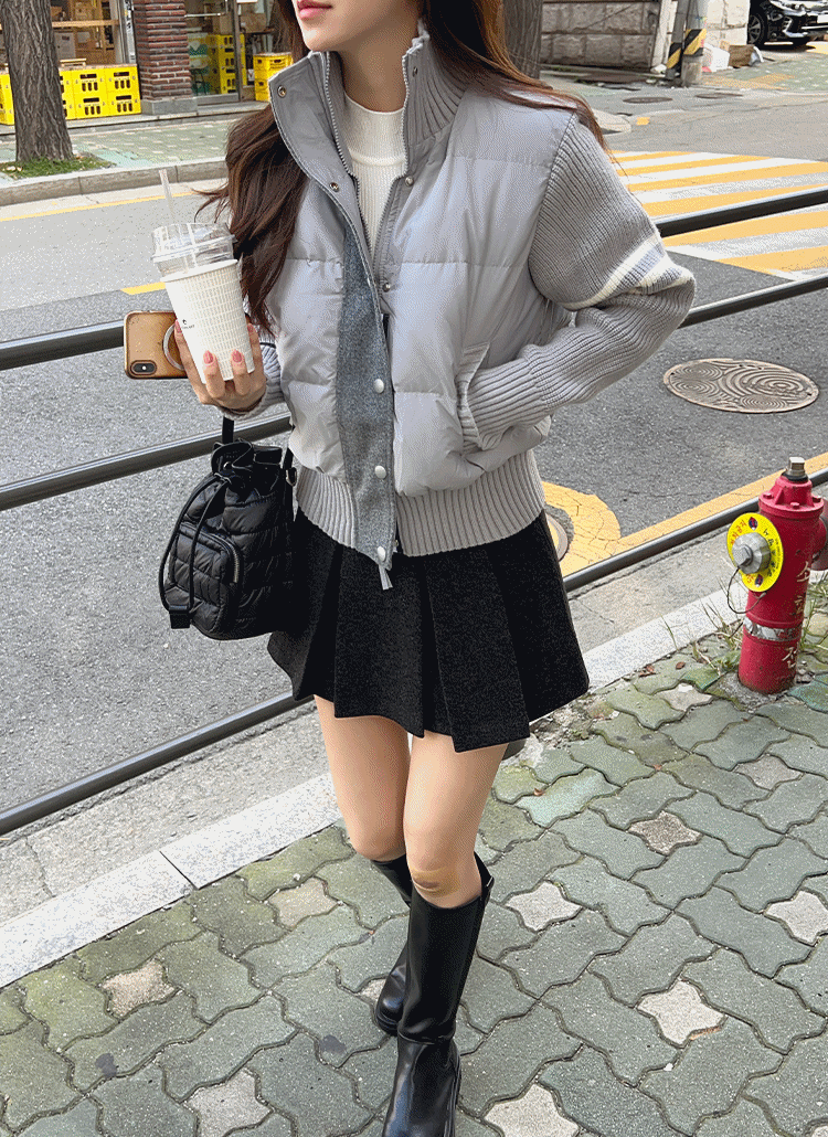 中綿ニット長袖ショートジップアップハイネックポケット配色ダウン