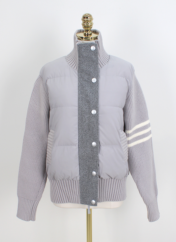 中綿ニット長袖ショートジップアップハイネックポケット配色ダウン