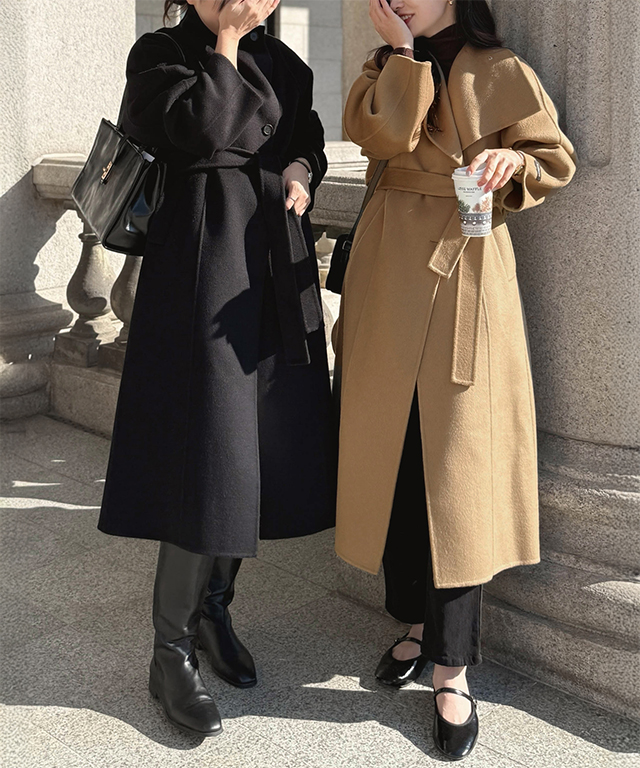 ベルト付ソフトウールボタンカラーハイネックポケット長袖コート