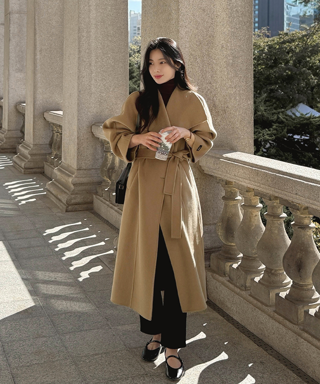 ベルト付ソフトウールボタンカラーハイネックポケット長袖コート